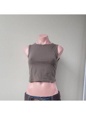 Green Ribbed High Stretch Cropped Tank Top (S)